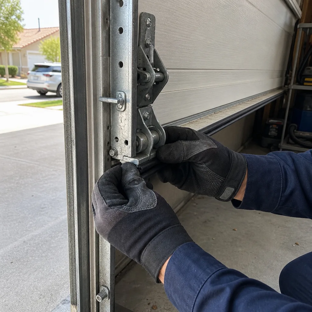 Professional technician performing emergency garage door repair on tracks