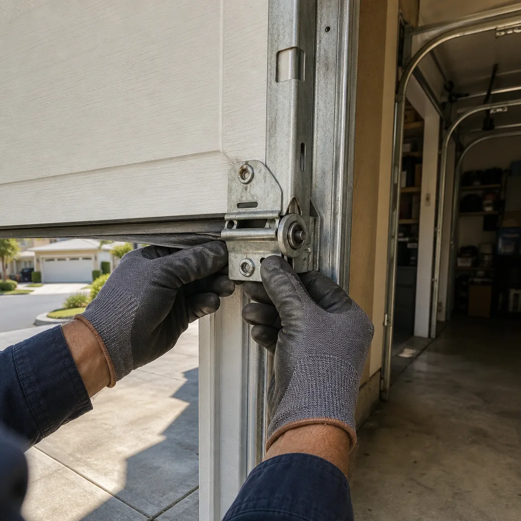 Technician performing emergency garage door repair on residential panel