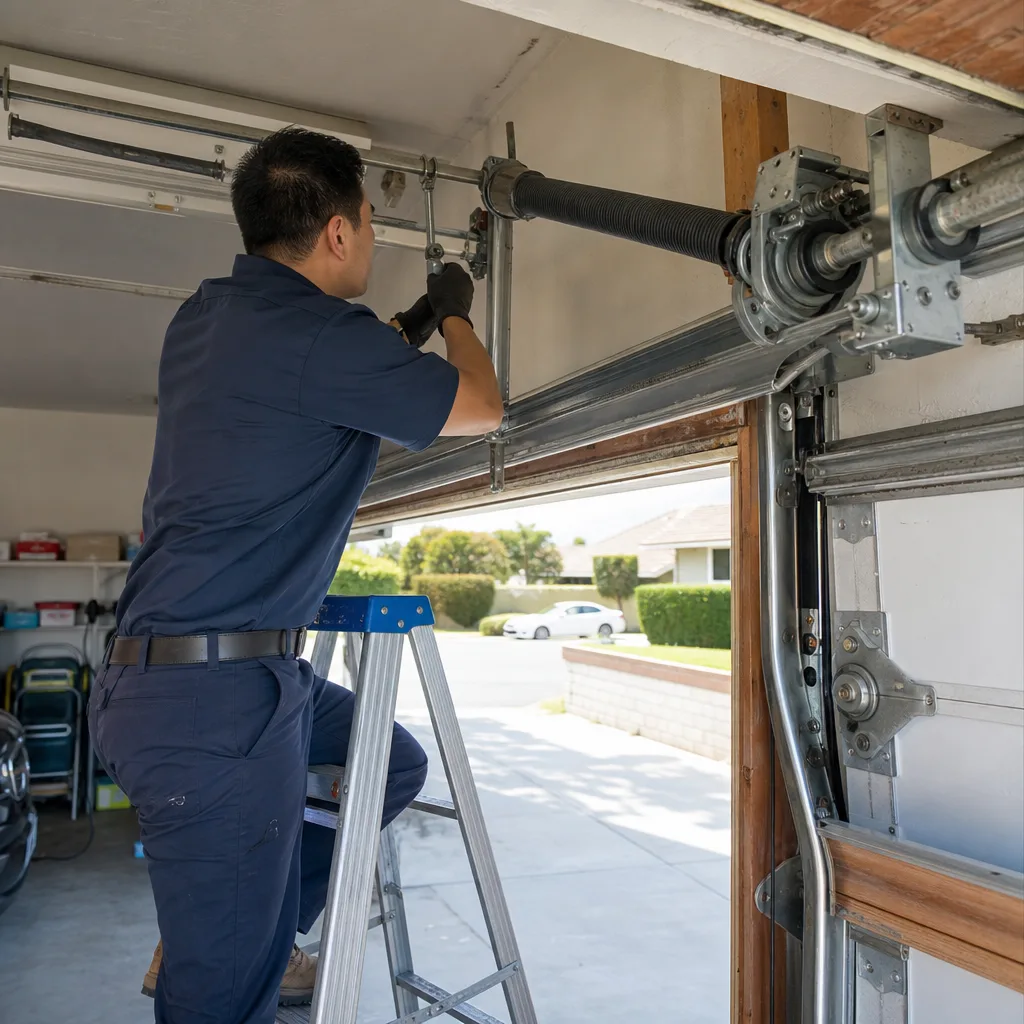 Technician performing emergency garage door torsion spring repair on a ladder