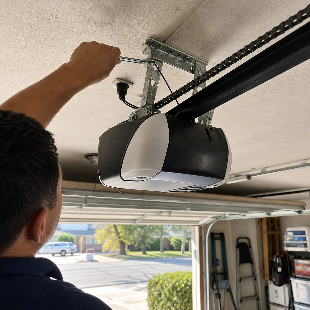 Technician performing professional garage door opener installation and repair service.