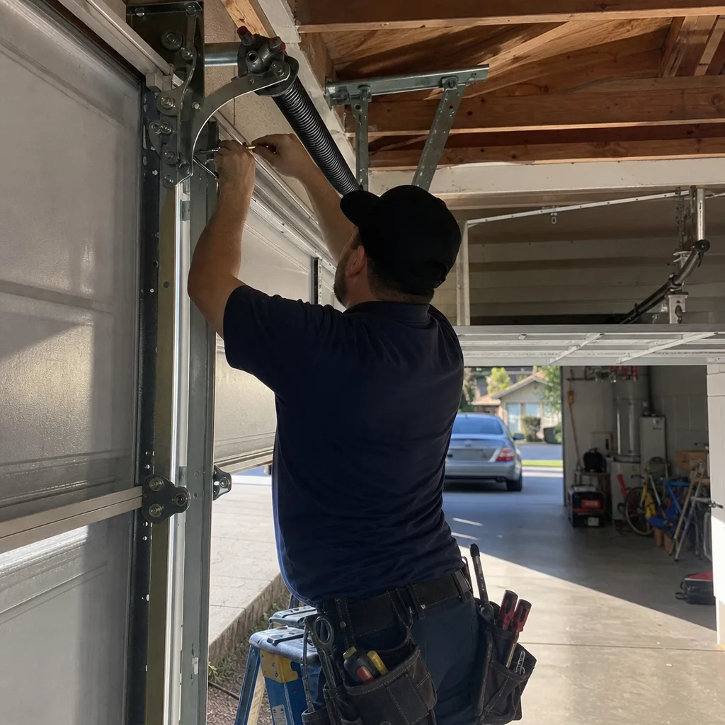 Technician performing professional garage door spring repair and maintenance