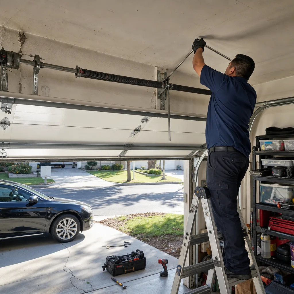 Technician performing professional garage door spring repair and maintenance